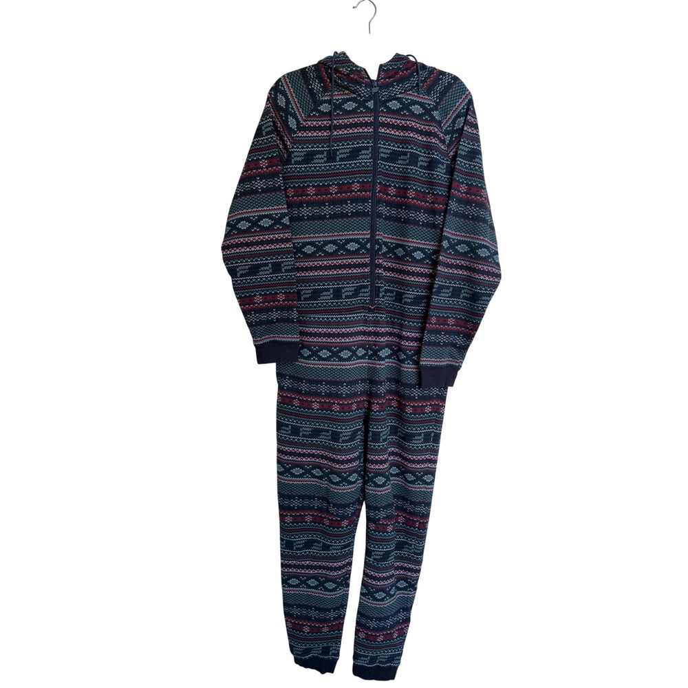 Fabletics Women Blue Fair Isle Fleece Lined Hooded Jumpsuit Pajamas Size Large
